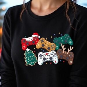 Funny Gamer Sweatshirt Controls and Reindeer Tree Black Unisex S M L XL XXL